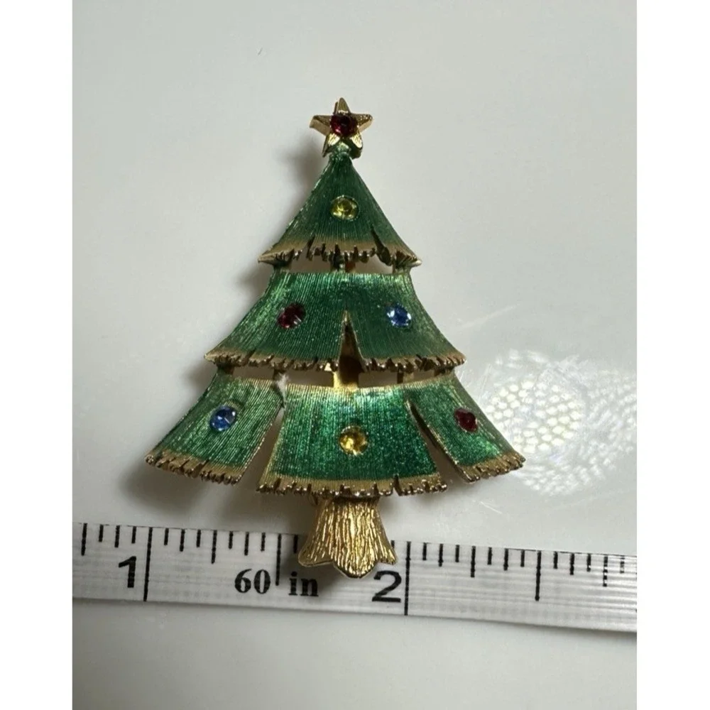 Vintage JJ Christmas Tree Brooch Green Enamel Rhinestone Book Piece Signed